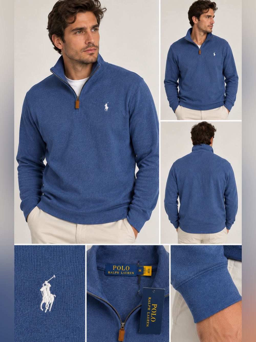 Polo Ralph Lauren Men’s Quarter Zip Pullover Blue Cotton Sweater Medium NWT